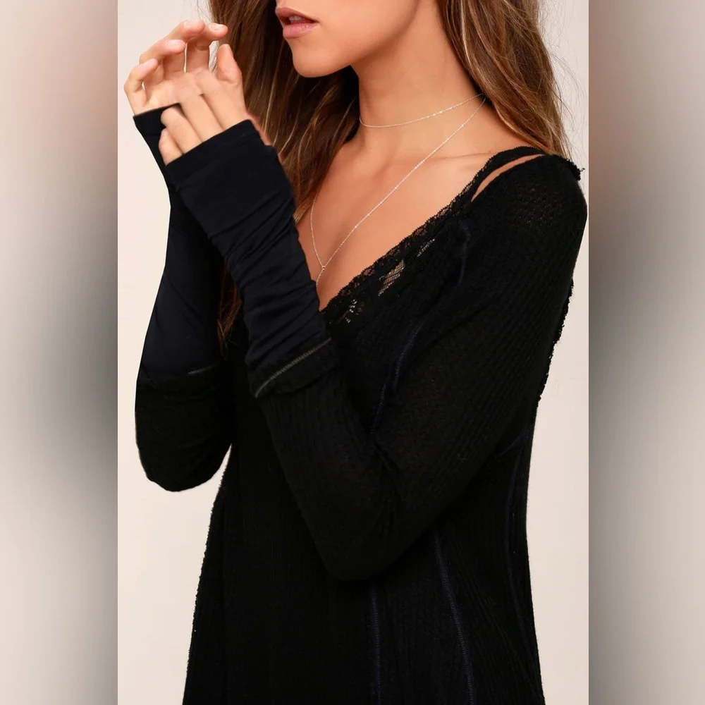 Free People Laguna Black Thermal Long Sleeve Top